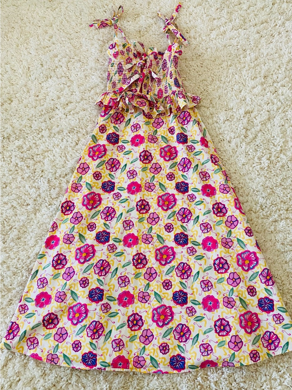 CeliaB Yellow Floral Tie-Strap Smocked Maxi Dress